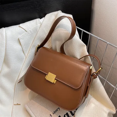 Minimalistische PU-Leder Quadrat Schultertasche Damen Vintage Klappe Umhängetasche Mit Gold Metallo-Schloss Urban Daily Handtasche