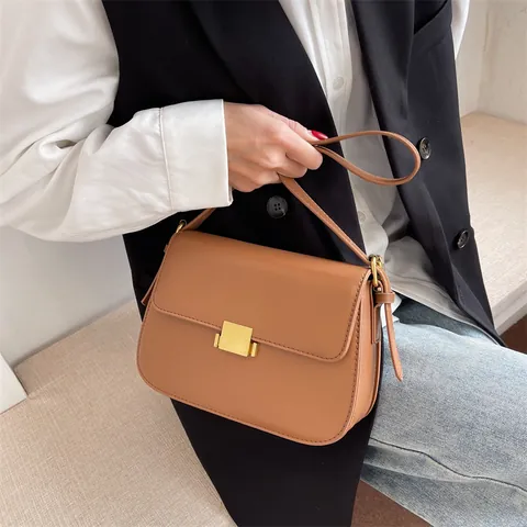 Minimalistische PU-Leder Quadrat Schultertasche Damen Vintage Klappe Umhängetasche Mit Gold Metallo-Schloss Urban Daily Handtasche