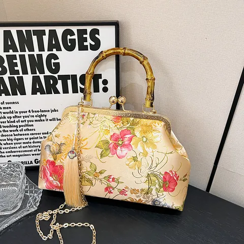 Vintage New Chinese Style Satin Shell Bag With Bamboo Handle Floral Pattern Tassel Metal Chain Crossbody Shoulder Handbag For Women