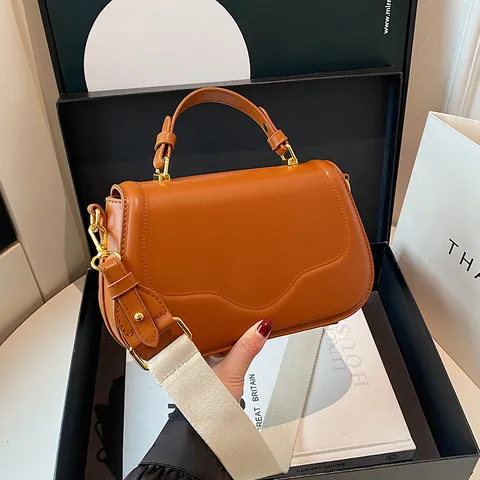 Women Fashion PU Leather Crossbody Bag Korean Minimalist Small Square Handbag With Wide Shoulder Strap Gold Hardware Satchel Bag