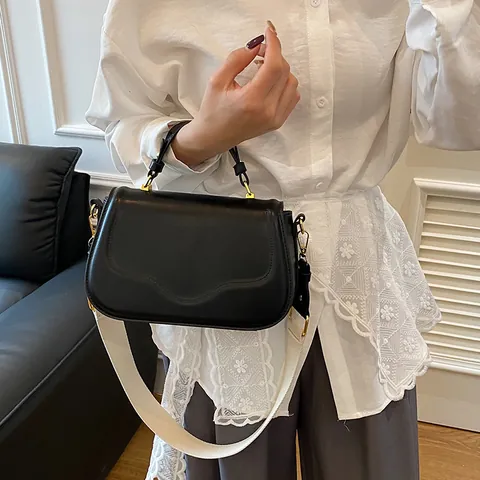 Women Fashion PU Leather Crossbody Bag Korean Minimalist Small Square Handbag With Wide Shoulder Strap Gold Hardware Satchel Bag