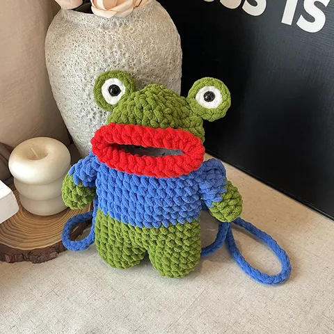 Handmade Crochet Cartoon Frog Mushroom Monster Crossbody Bag Women Cute Knitting Wool Mini Shoulder Phone Bag For Daily Travel