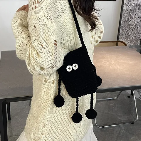 Handmade Crochet Cartoon Frog Mushroom Monster Crossbody Bag Women Cute Knitting Wool Mini Shoulder Phone Bag For Daily Travel