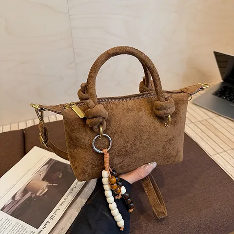 Borsa a Mano Donna Retro in Finta Pelle Scamosciata Con Manico Annodato Ciondolo Perle Borsa Tracolla Opaca Vintage Fashion