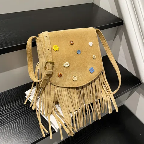 Bolso Bandolera Bohemio de Antelina Con Flecos y Botones de Colores Decoración Floral Retro Bolso de Borla Para Mujer Diario Viaje