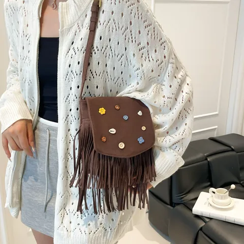Bolso Bandolera Bohemio de Antelina Con Flecos y Botones de Colores Decoración Floral Retro Bolso de Borla Para Mujer Diario Viaje