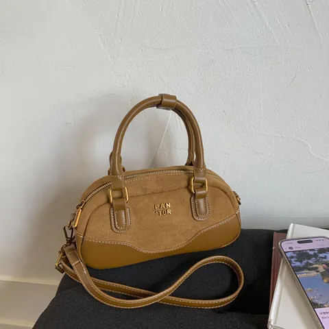 Bolso Boston Minimalista De Ante Sintético Para Mujer Estilo Retro Maillard Costuras En Contraste Bolso De Mano Bandolera
