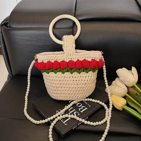 Bolso de Cubo de Punto de Ganchillo Pastoral Francés Decoración de Tulipan Asa de Madera y Correa de Perlas Artificiales para Mujer
