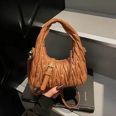 Bolso de Mano de Cuero PU Plisado Matelassé para Mujer Con Diamantes de Imitación Bolso de Hombro de Media Luna Fiesta