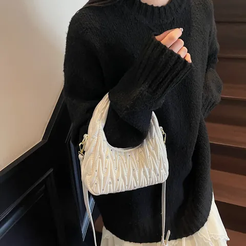 Bolso de Mano de Cuero PU Plisado Matelassé para Mujer Con Diamantes de Imitación Bolso de Hombro de Media Luna Fiesta