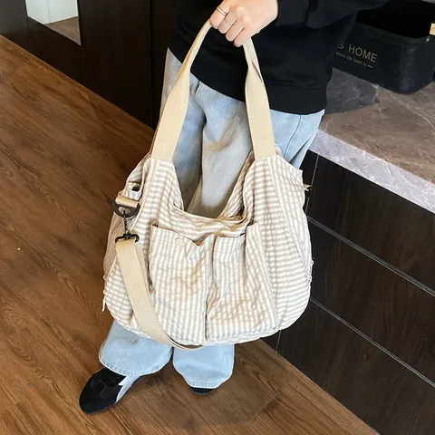 Bolso de Mano de Lona a Cuadros Casual para Mujer Gran Capacidad Bolso de Hombro Multibolsillo para Escuela Diaria Viaje Trabajo