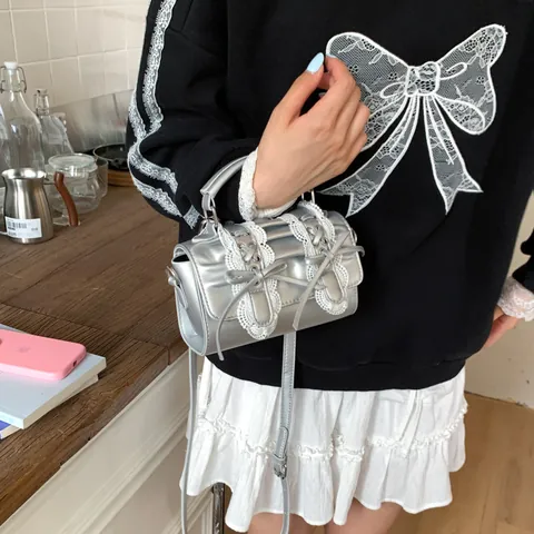 Bolso Bandolera de Cuero PU para Mujer con Encaje y Lazo Estilo Lolita Bolso de Mano Pequeño Cuadrado Moda Diaria