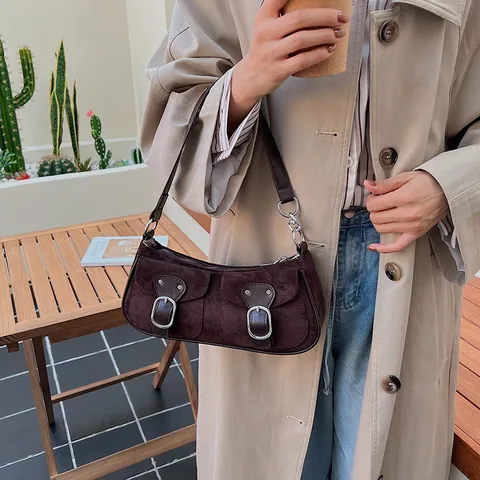 Bolso de Hombro Retro para Mujer de Gamuza y Cuero PU Bolso de Axila Con Bolsillos de Doble Hebilla Textura Mate Color Sólido