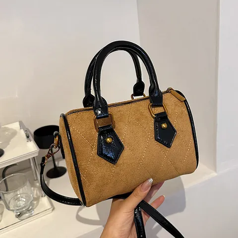 Bolso de Mano Boston Vintage para Mujer Gamuza Sintética Mate Acolchado Rómbico Bolso Bandolera Color Contraste Pequeño