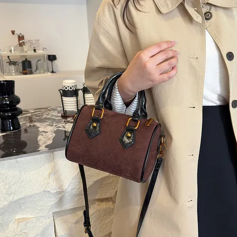 Bolso de Mano Boston Vintage para Mujer Gamuza Sintética Mate Acolchado Rómbico Bolso Bandolera Color Contraste Pequeño