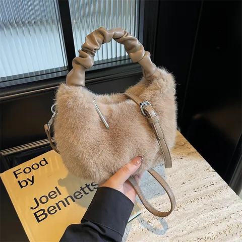 Mode Weich Plüsch Handtasche Mit Gerafftem Griff Kunstpelz Umhängetasche Urban Minimalistisch Schultertasche Für Damen Herbst Winter Alltagstasche