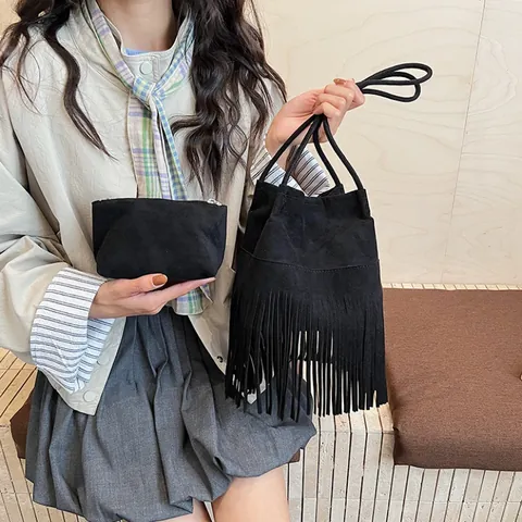 Juego de Bolso Bombonera Retro de Antelina para Mujer Con Flecos Largos Estilo Bohemio Color Sólido Bolso de Hombro Y Estuche