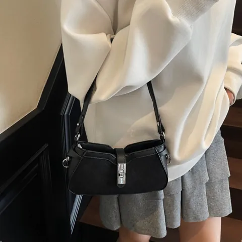 Bolso de Axila Acolchado Vintage para Mujer de Antelina Cuero PU Bolso de Hombro Elegante Color de Contraste Con Cierre de Giro Plateado