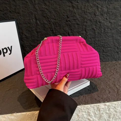 Bolso de Nube Tejido para Mujer de Lona en Forma de Concha Con Correa de Cadena Plateada Bolso de Hombro de Moda