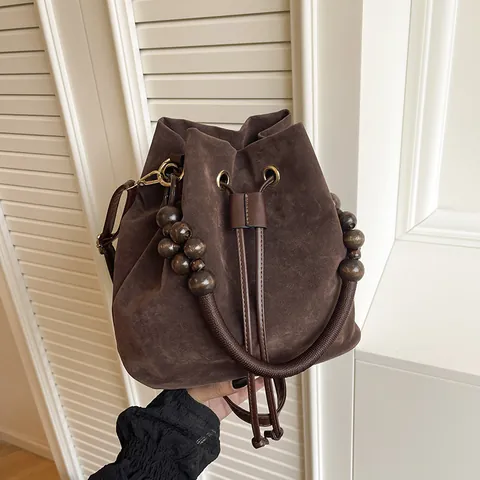 Bolso Cubo de Ante Vintage para Mujer Bolso de Mano de PU Mate Con Asa de Cuentas de Madera Cordón Bolso de Hombro para Uso Diario