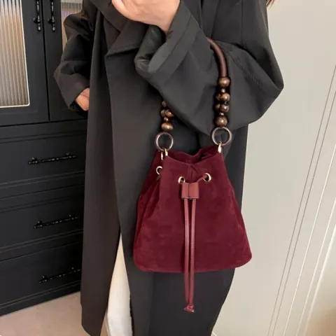 Bolso Cubo de Ante Vintage para Mujer Bolso de Mano de PU Mate Con Asa de Cuentas de Madera Cordón Bolso de Hombro para Uso Diario