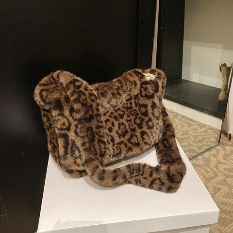 Bolso Tote de Felpa con Estampado de Leopardo para Mujer Moda Coreana Gran Capacidad Bolso de Hombro de Piel Sintética Retro