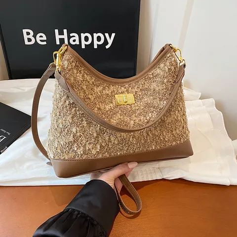 Bolso de Hombro Vintage para Mujer de Color Contraste Con Cierre Giratorio de Metal Retro Tweed Empalme Bolso Bandolera de Cuero PU Otoño Invierno