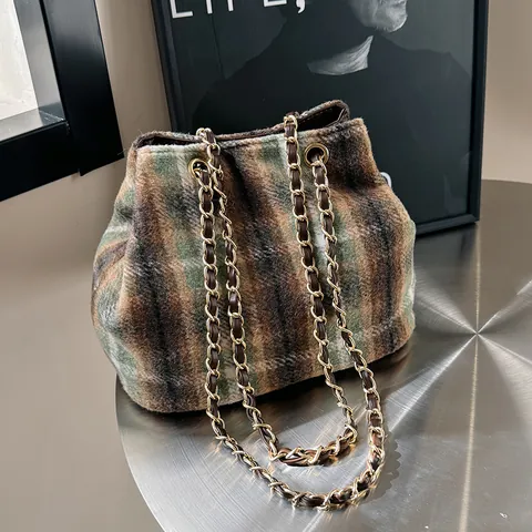 Retro Britischer Wollstoff Karo Beuteltasche Damen Vintage Kontrastfarbe Kette Schulter Crossbody Tasche Elegant Herbst Winter Handtasche
