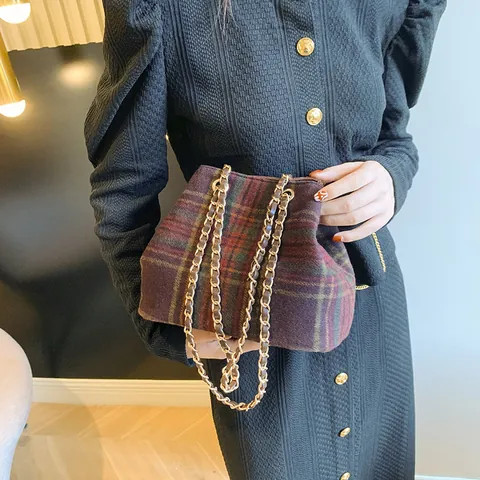 Retro Britischer Wollstoff Karo Beuteltasche Damen Vintage Kontrastfarbe Kette Schulter Crossbody Tasche Elegant Herbst Winter Handtasche