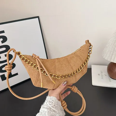Bolso de Hombro Retro de Gamuza y Cuero PU para Mujer Media Luna Color Maillard Con Cadena Dorada Correa de Nudo Cremallera