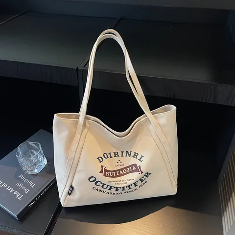 Bolso Tote de Lona Vintage para Mujer Gran Capacidad Estampado de Letras Bolso de Hombro Casual Bolso de Mano Minimalista Urbano