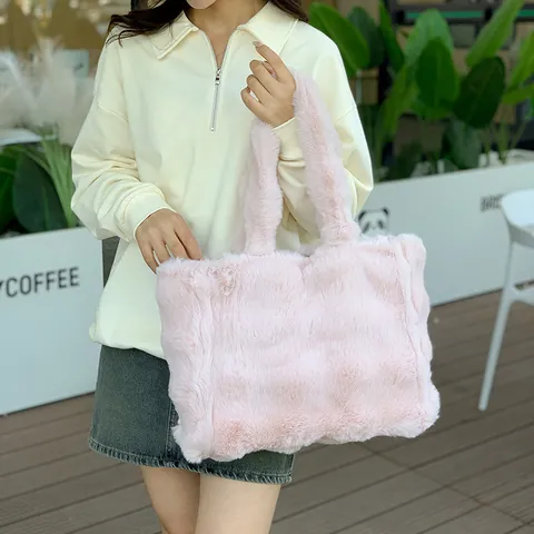 Bolso Tote de Piel Sintética para Mujer Gran Capacidad Peluche Bolso de Hombro Elegante Otoño Invierno Color Sólido Versátil