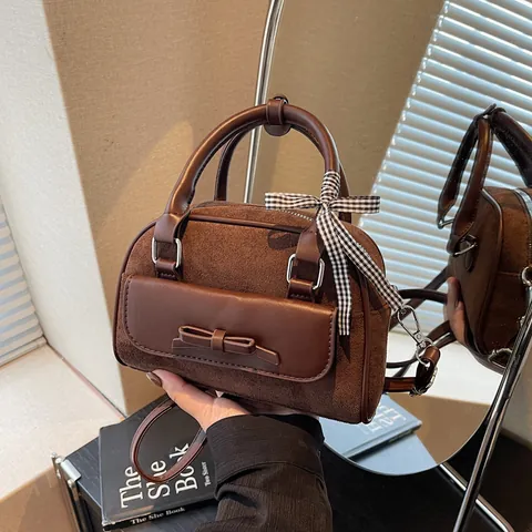 Bolso de Mano para Mujer Estilo Preppy con Lazo Retro Gamuza Esmerilada y PU Empalme Bolso de Hombro con Cinta a Cuadros Pequeño Bolso Boston