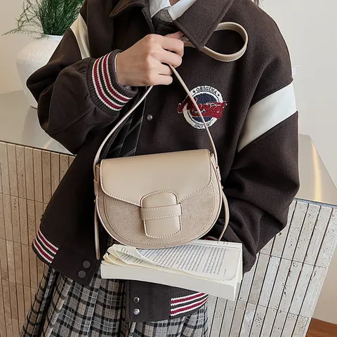 Bolso de Montura de Cuero PU Mate Retro para Mujer Costuras en Contraste Bolso de Hombro Minimalista Correa Ajustable