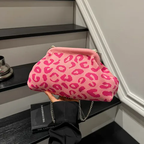 Bolso de Hombro de Punto con Estampado de Leopardo para Mujer Bolso Bandolera de Concha en Forma de Nube de Moda