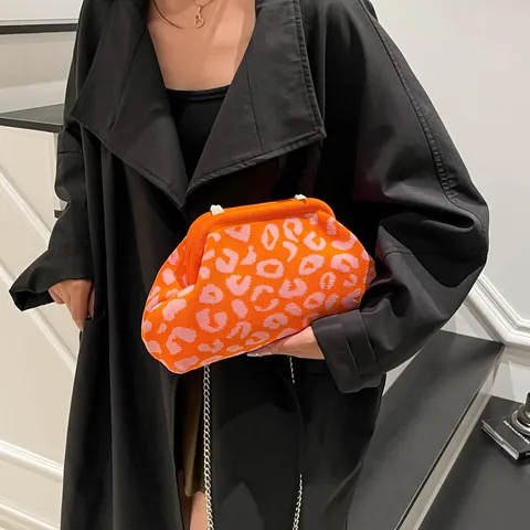 Bolso de Hombro de Punto con Estampado de Leopardo para Mujer Bolso Bandolera de Concha en Forma de Nube de Moda