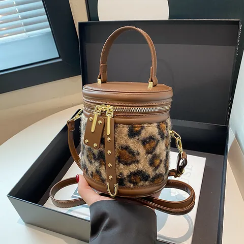 Bolso Cubo Vintage Mujer Estampado Leopardo Cuadros Cuero PU Piel Sintética Bolso Bandolera Cremallera Dorada Moda