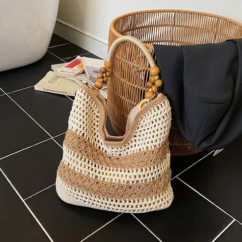 Handmade Crochet Woven Tote Bag With Wood Bead Handle Bohemian Beach Shoulder Bag Hollow Out Floral Large Capacity Vacation Handbag