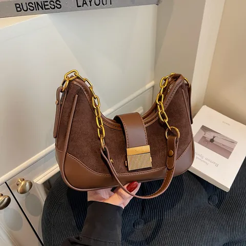Bolso de Axila Vintage de Cuero PU y Gamuza en Contraste para Mujer con Cadena Dorada Bandolera Hebilla Retro Elegante para el Uso Diario