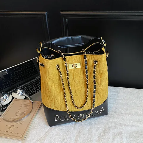 Bolso de Cubo Acolchado Vintage para Mujer de Cuero PU Color de Contraste Bolso de Bandoulière Cadena Bolso de Mano Pequeño Retro