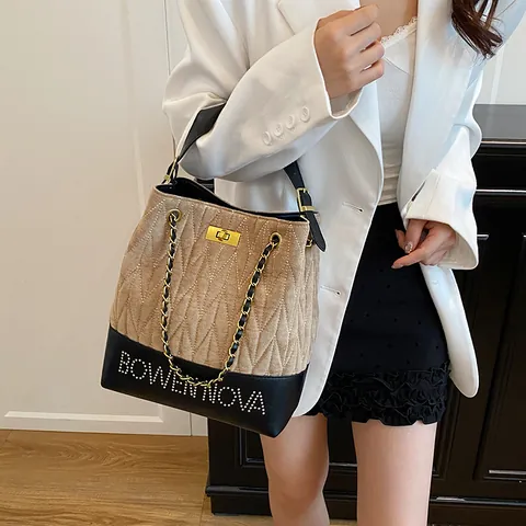 Bolso de Cubo Acolchado Vintage para Mujer de Cuero PU Color de Contraste Bolso de Bandoulière Cadena Bolso de Mano Pequeño Retro