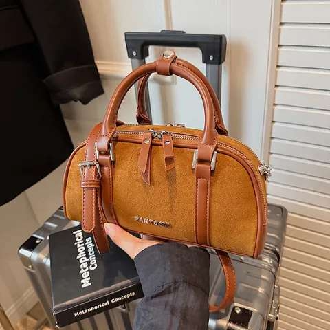 Bolso Boston para Mujer Gamuza Sintética Cuero PU Retro Minimalista con Pespuntes Doble Cremallera Bolso de Hombro Cruzado