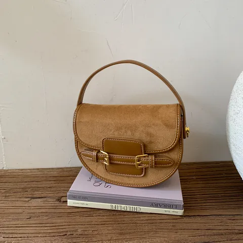 Bolso Silla Vintage Mujer Cuero PU Gamuza Costuras Contraste Bolso de Hombro Retro Bandolera Con Hebillas Doradas Bolso de Mano Pequeño de Moda Para Uso Diario