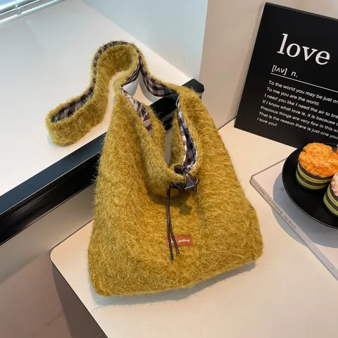 Bolso Tote de Peluche a Cuadros Retro Bloque de Color Bolso de Hombro de Lona Gran Capacidad para Mujer Bolso de Lana Suave