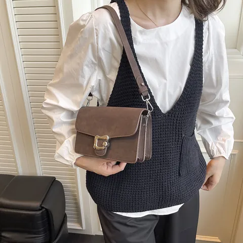 Bolso Bandolera de Cuero PU Esmerilado Vintage para Mujer Estilo Maillard Bolso de Axila Bolso de Hombro Con Hebilla en C Bolso de Mano Cuadrado