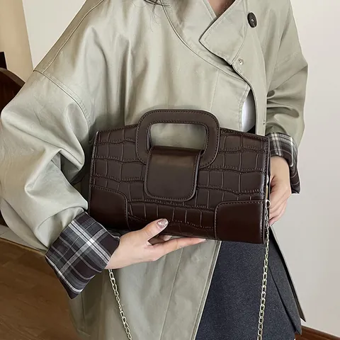 Bolso de Mano de Cuero PU con Patrón de Cocodrilo para Mujer Con Cadena de Metal Asa Hueca Bolso Bandolera para Diario Fiesta