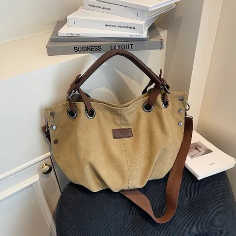 Bolso Tote de Lona Vintage Americano para Mujer Gran Capacidad Bolso de Hombro Bandolera Con Asa de Cuero PU Estilo Workwear