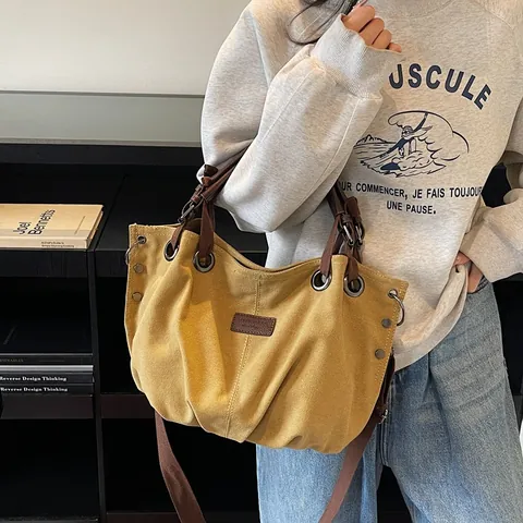 Bolso Tote de Lona Vintage Americano para Mujer Gran Capacidad Bolso de Hombro Bandolera Con Asa de Cuero PU Estilo Workwear