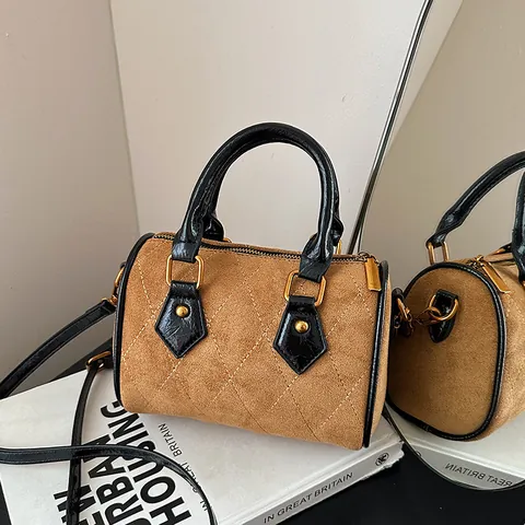 Women's Retro Faux Suede Diamond Quilted Boston Bag Frosted Pillow Handbag With Adjustable Shoulder Strap Crossbody Bag