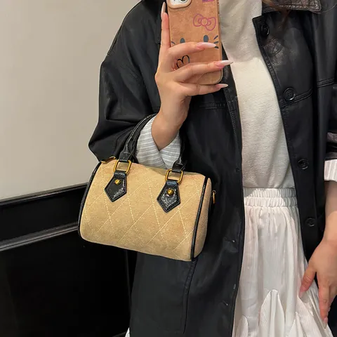 Women's Retro Faux Suede Diamond Quilted Boston Bag Frosted Pillow Handbag With Adjustable Shoulder Strap Crossbody Bag
